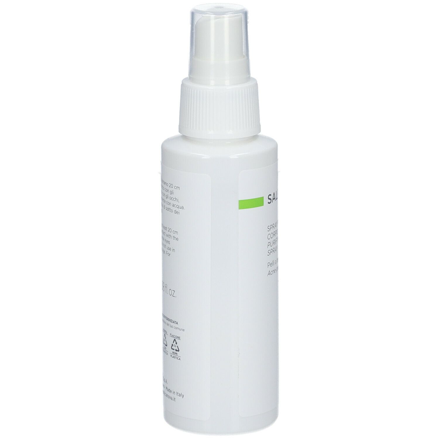 Spray CANOVA SALIPIL, vista posteriore. Flacone bianco con vaporizzatore. Scritta: SALIPIL, 100 ml, avvertenze e simboli di riciclaggio.