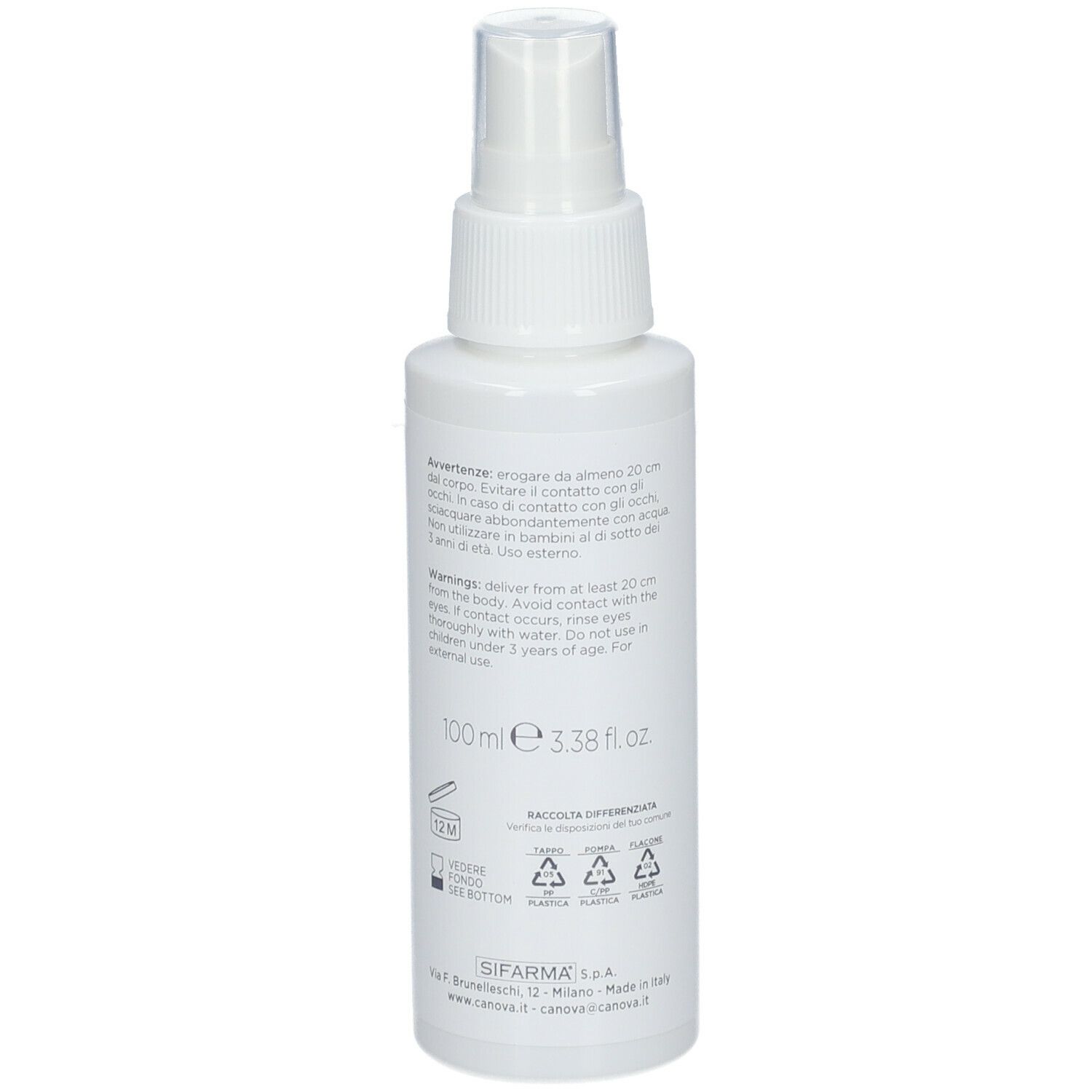 Spray CANOVA SALIPIL, vista laterale. Flacone bianco con vaporizzatore. Scritta: CANOVA, 100 ml, avvertenze e simboli di riciclaggio.