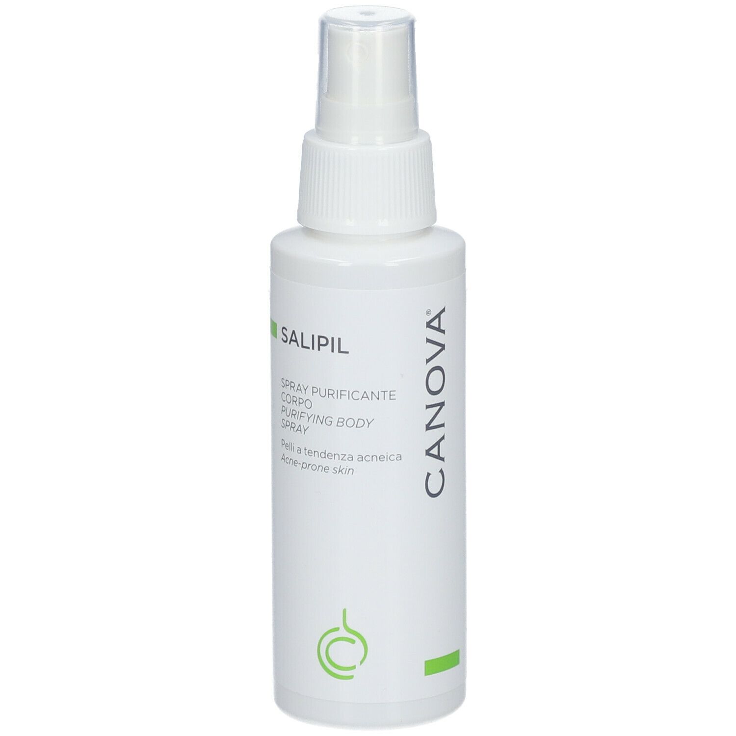 Spray CANOVA SALIPIL, primo piano. Flacone bianco con vaporizzatore. Scritta: CANOVA, SALIPIL, 100 ml.