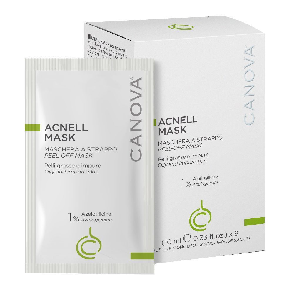 Confezione bianca con bustina prodotto. Scritta: Acnell Mask, Peel-off Mask. Marchio: Canova. Contiene 8 bustine monodose.