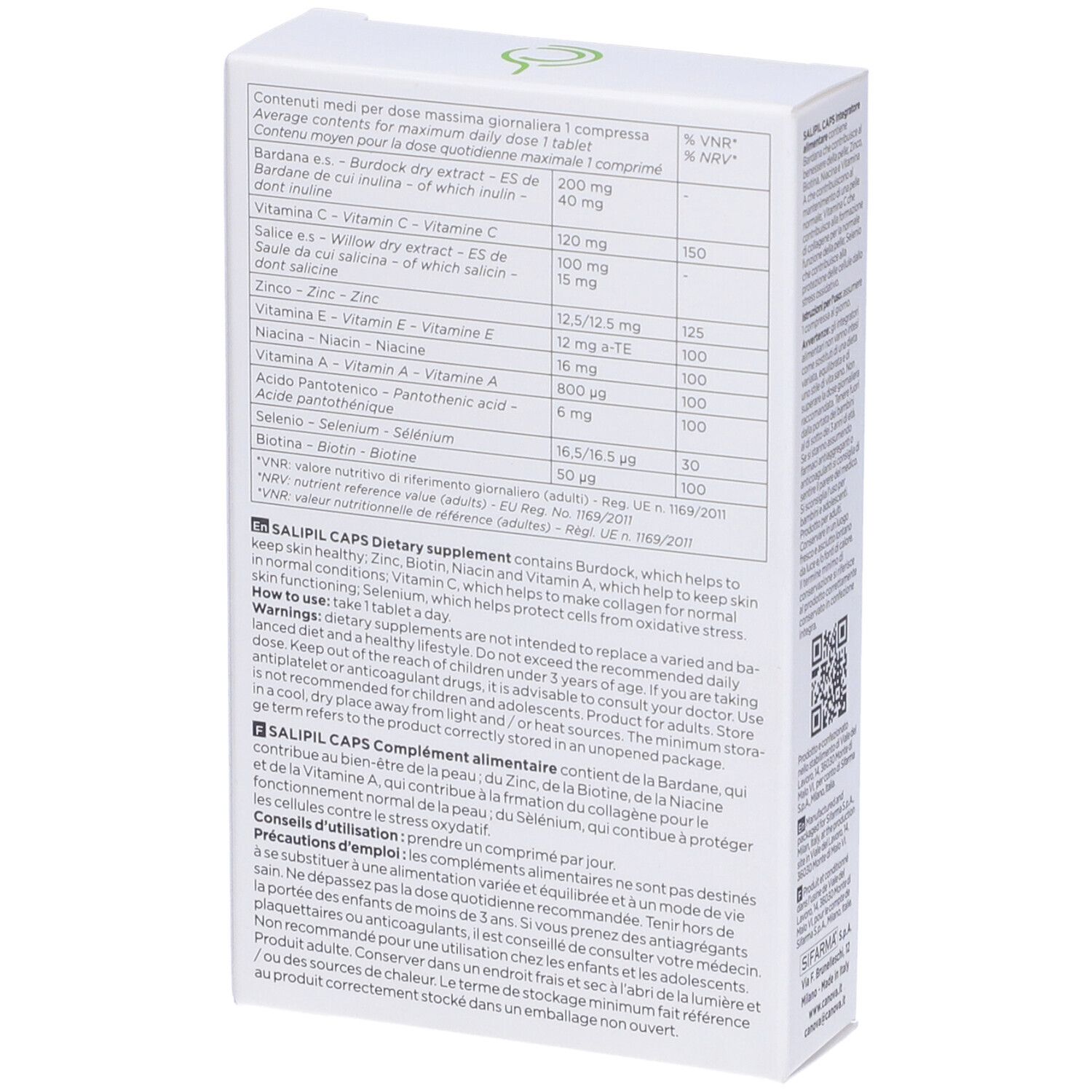Weiße Schachtel mit Text. Aufschrift: Salipil Caps, Canova. Enthält 30 Tabletten. Rückseite mit Inhaltsangaben.