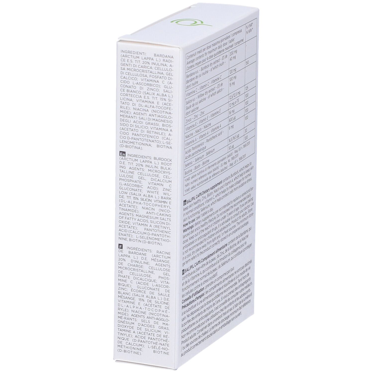 Weiße Schachtel mit Text. Aufschrift: Salipil Caps, Canova. Enthält 30 Tabletten. Seitenansicht mit Inhaltsstoffen.