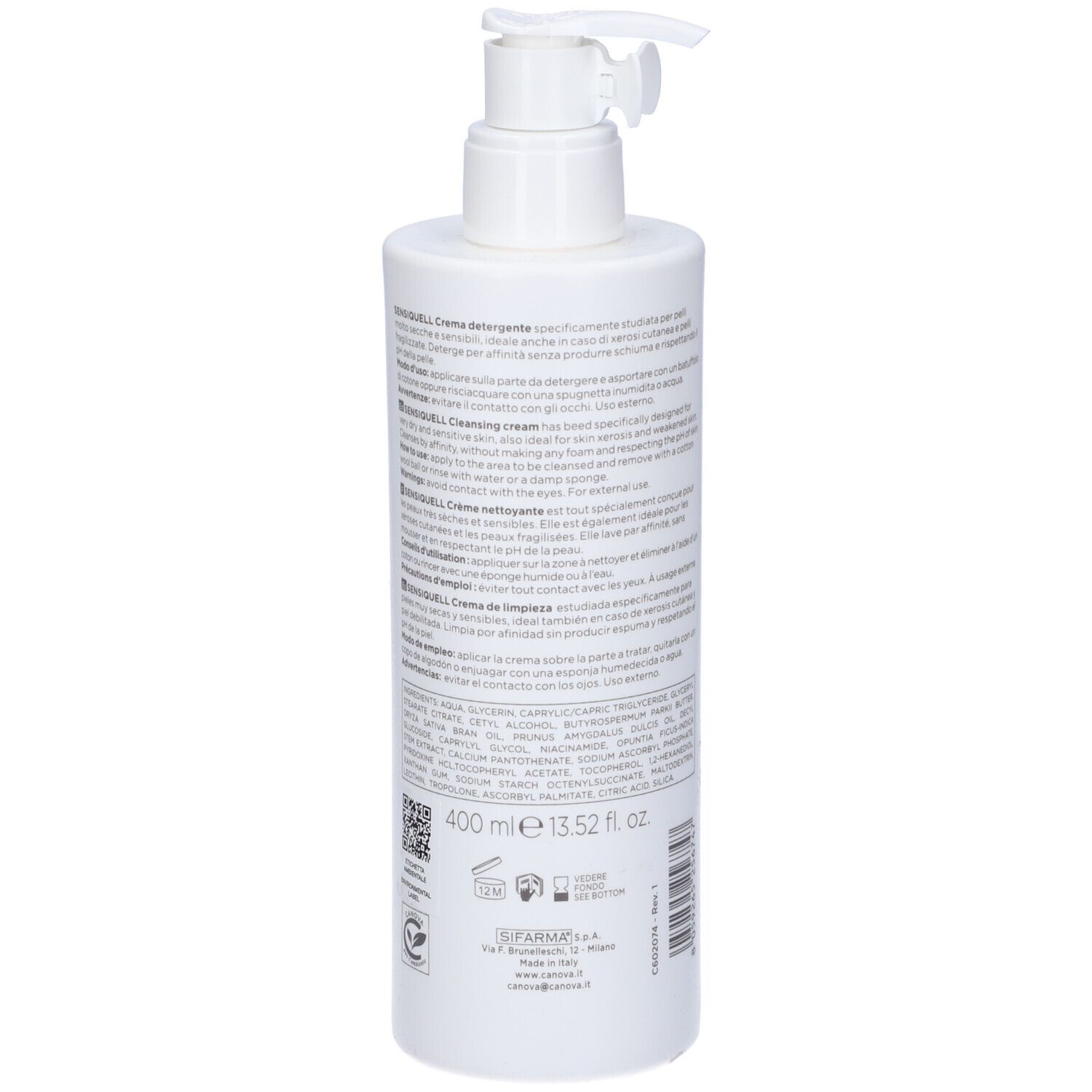 Weiße Flasche mit Text. Rückseite mit Text in mehreren Sprachen. 400 ml, 13.52 fl oz.