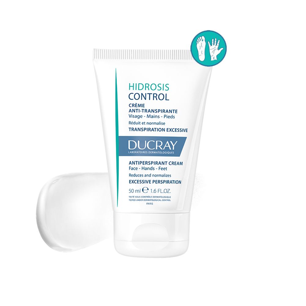 Weiße Tube mit Produkt. Aufschrift: HIDROSIS CONTROL, Creme Anti-Transpirant, DUCRAY. Abbildung von Fuß und Hand.