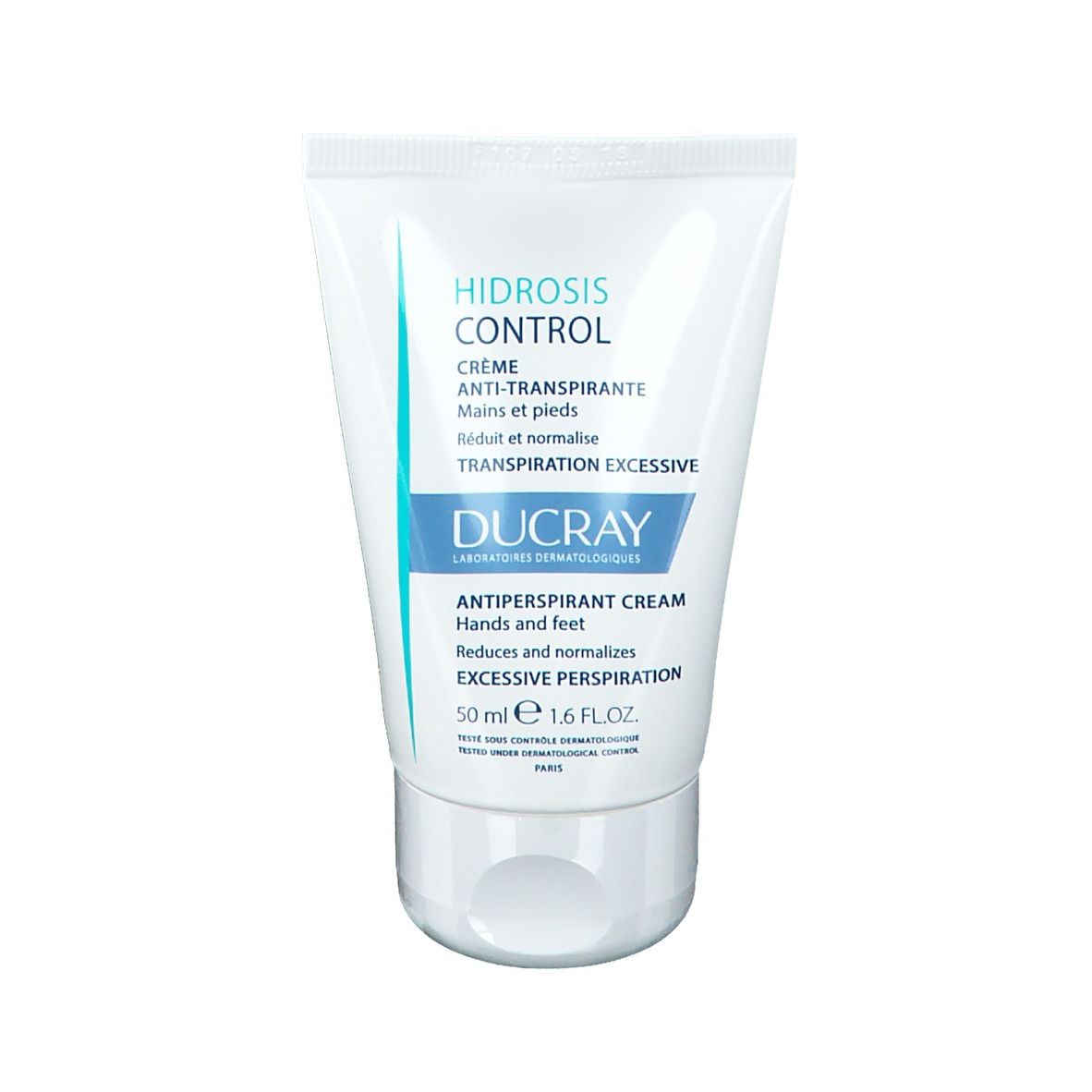 Weiße Tube mit Produkt. Aufschrift: HIDROSIS CONTROL, Creme Anti-Transpirant, DUCRAY. 50 ml.
