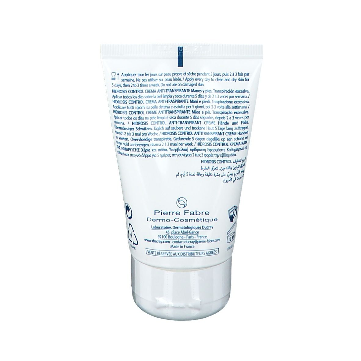Rückseite der Tube. Text in mehreren Sprachen. Hersteller: Pierre Fabre Dermo-Cosmétique.