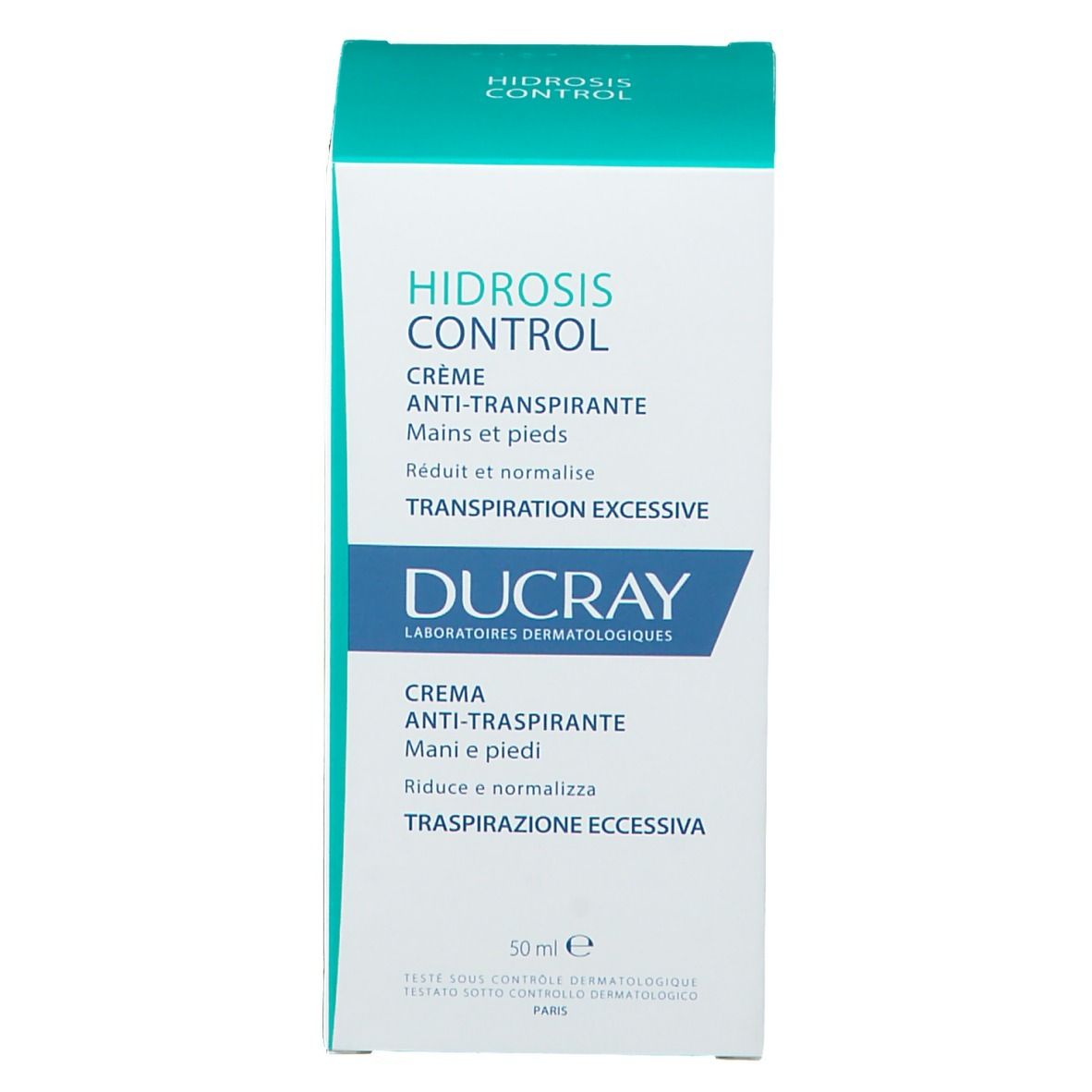 Grüne Schachtel. Aufschrift: HIDROSIS CONTROL, Creme Anti-Transpirant, DUCRAY. 50 ml.
