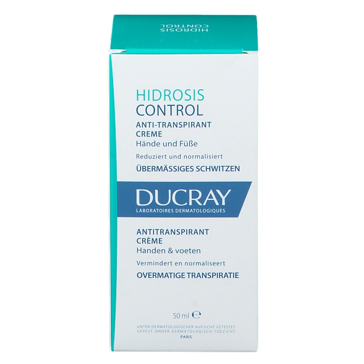 Vorderseite der Schachtel. Aufschrift: HIDROSIS CONTROL, Creme Anti-Transpirant, DUCRAY. 50 ml.
