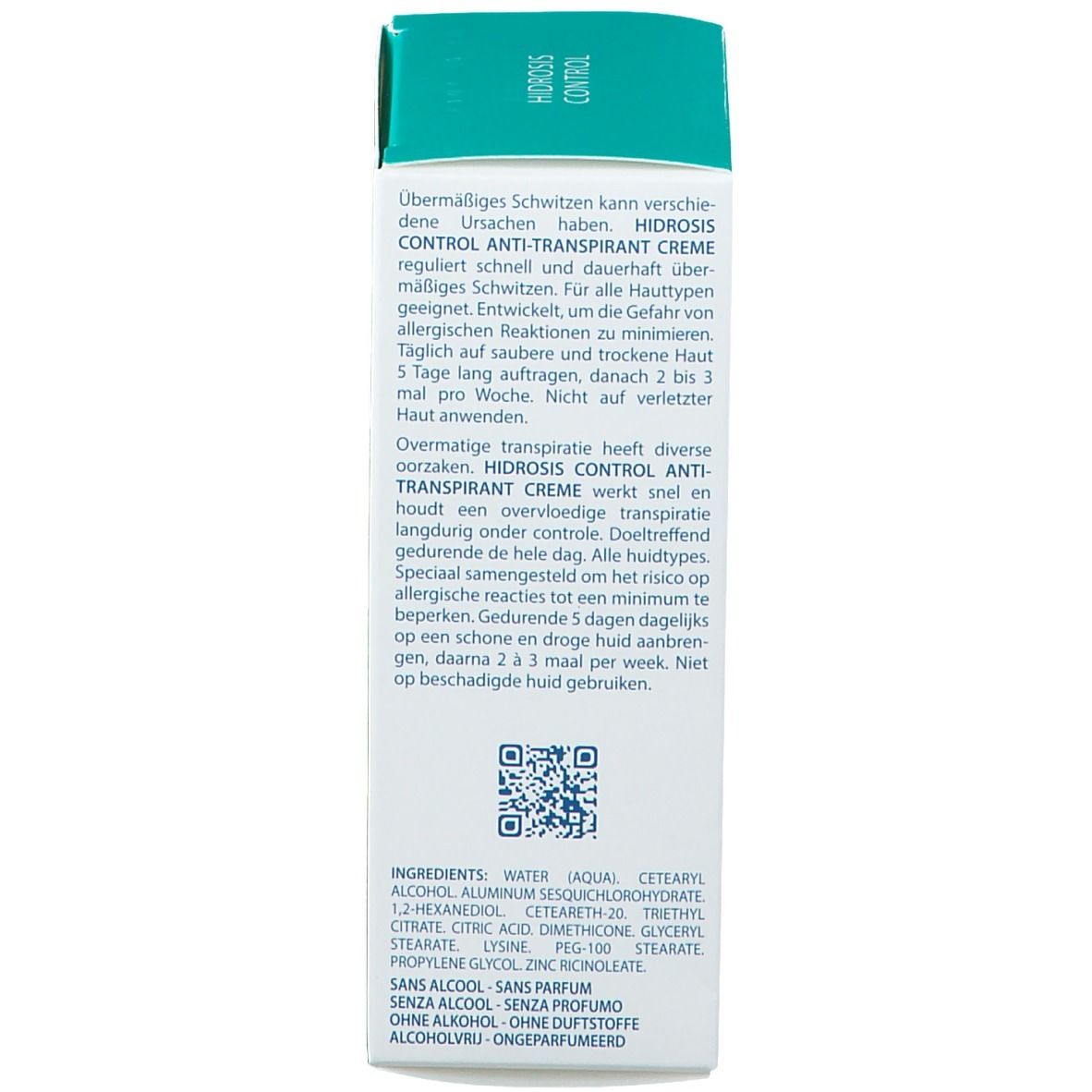 Rückseite der Schachtel. Inhaltsstoffe und QR-Code. Herstellerinformationen.