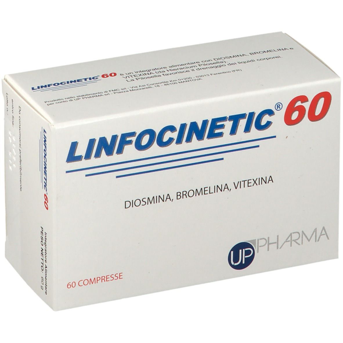 Scatola bianca con scritte blu e rosse. Scritto: LINFOCINETIC 60, Diosmina, Bromelina, Vitexina. 60 compresse.