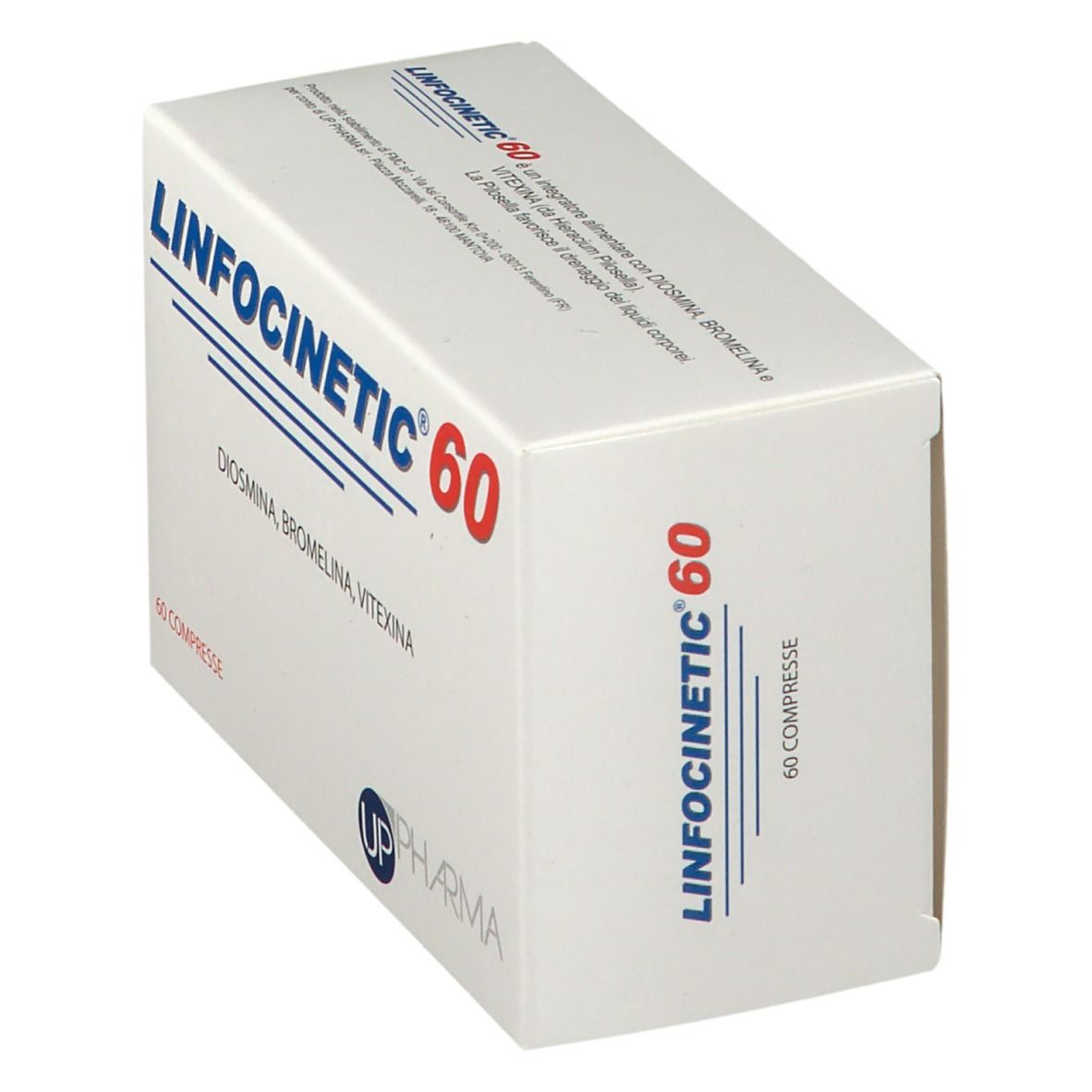 Scatola bianca con scritte blu e rosse. Scritto: LINFOCINETIC 60, Diosmina, Bromelina, Vitexina. 60 compresse.