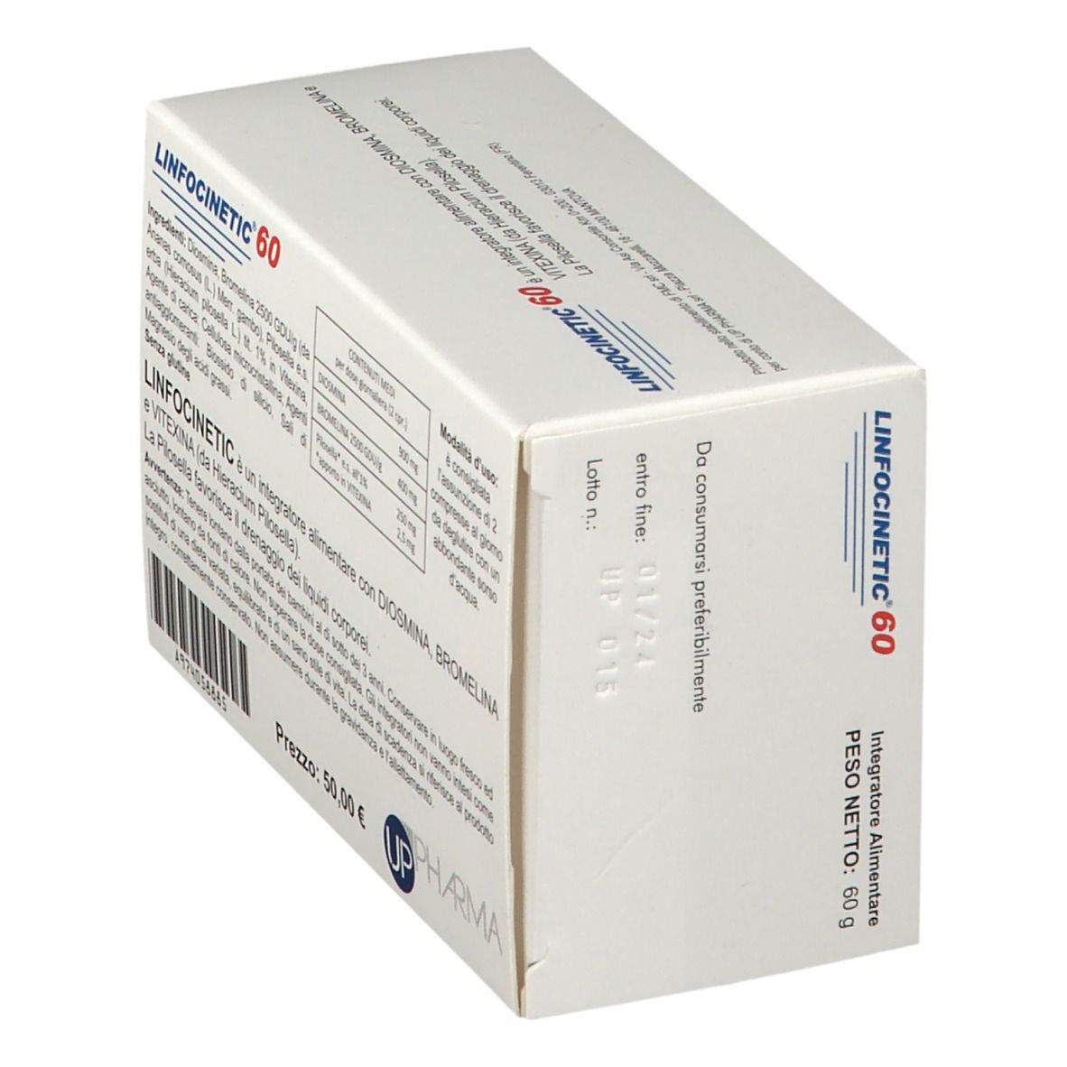 Scatola bianca con scritte blu e rosse. Scritto: LINFOCINETIC 60, Diosmina, Bromelina, Vitexina. Testo e data di scadenza.