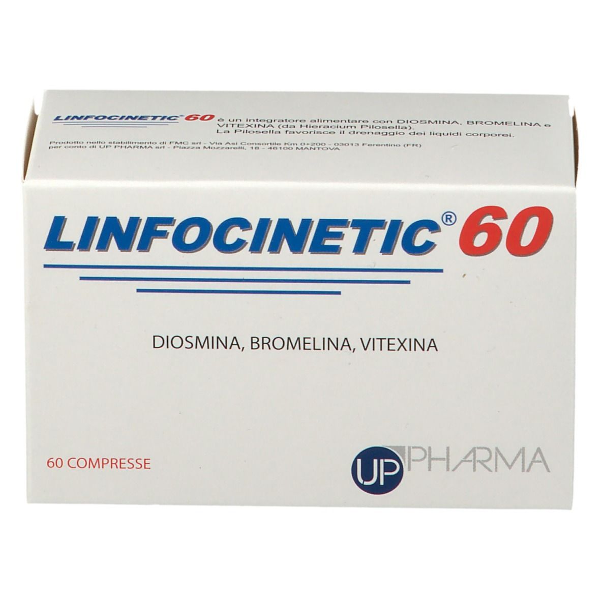 Scatola bianca con scritte blu e rosse. Scritto: LINFOCINETIC 60, Diosmina, Bromelina, Vitexina. 60 compresse.