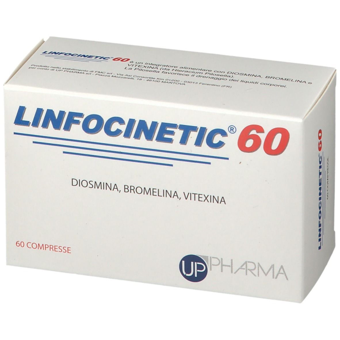 Scatola bianca con scritte blu e rosse. Scritto: LINFOCINETIC 60, Diosmina, Bromelina, Vitexina. 60 compresse.