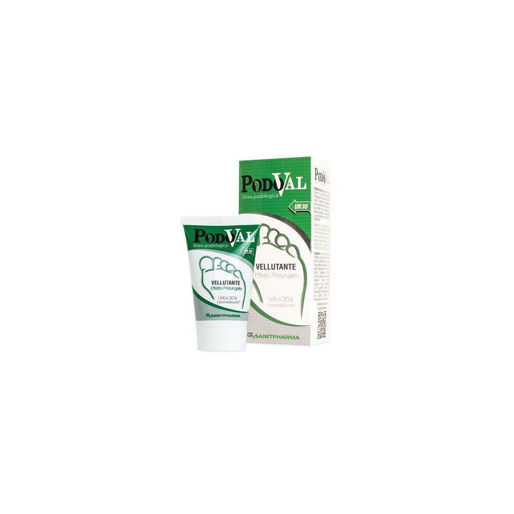 Tubo e scatola di crema. Tubo con design verde e bianco, nome del prodotto Podoval. Scatola con nome del prodotto e illustrazione del piede.