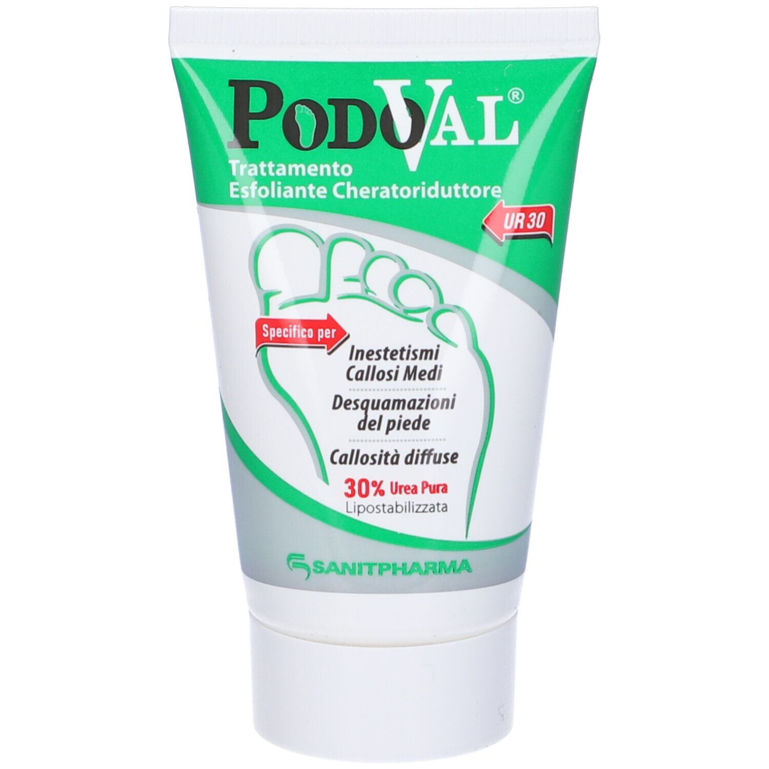Tubo con design verde e bianco. Nome del prodotto Podoval. Testo: Trattamento Esfoliante Cheratoriduttore, UR 30. Illustrazione di un piede.