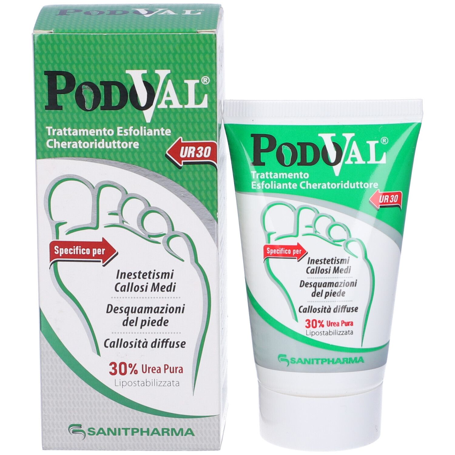Confezione del prodotto. Scatola con design verde e bianco. Nome del prodotto Podoval. Testo: Trattamento Esfoliante Cheratoriduttore, UR 30. Illustrazione del piede.