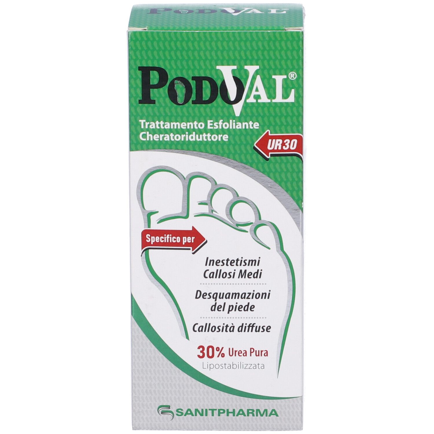 Confezione del prodotto. Scatola con design verde e bianco. Nome del prodotto Podoval. Testo: Trattamento Esfoliante Cheratoriduttore, UR 30. Illustrazione del piede.