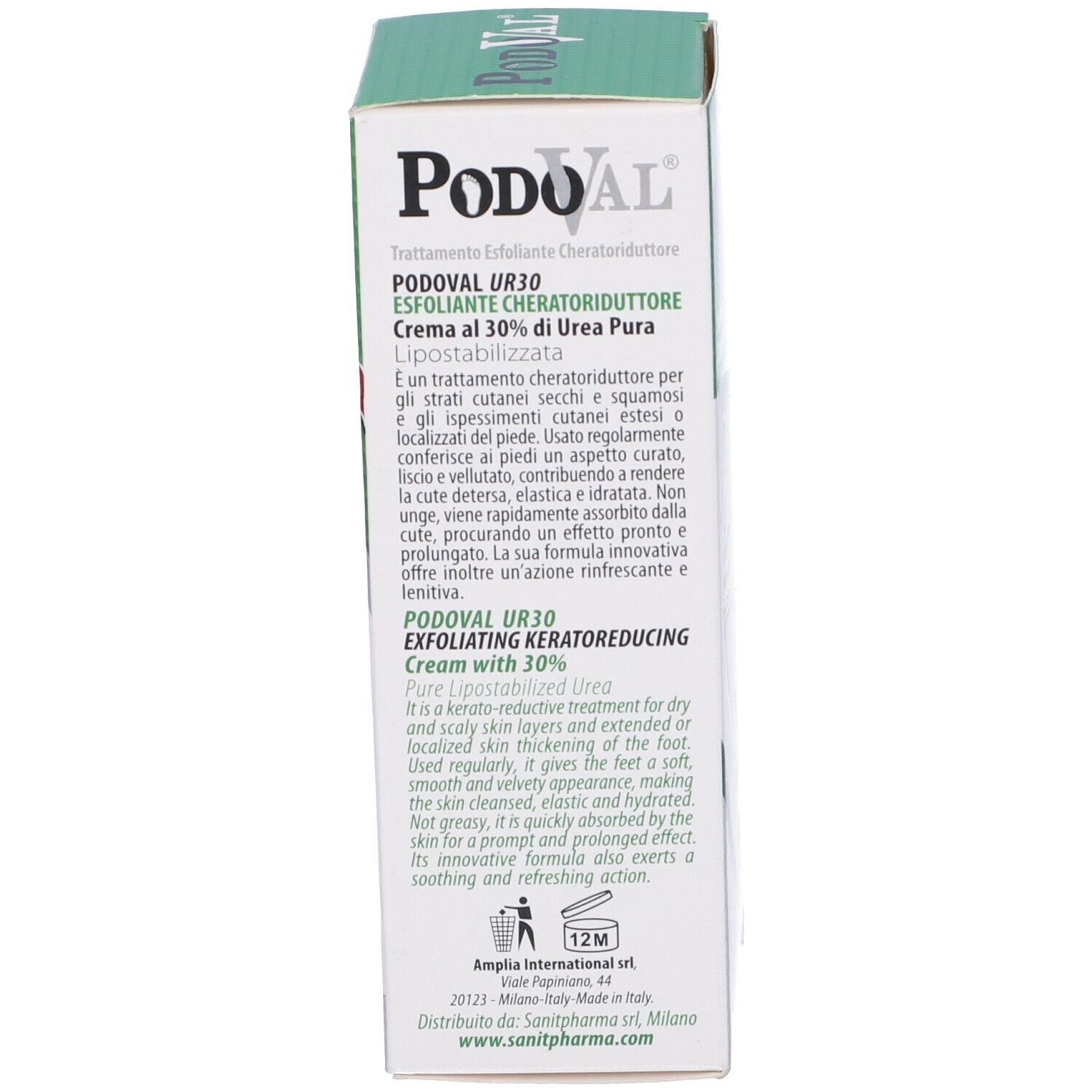 Confezione del prodotto. Vista laterale della scatola. Testo: Podoval UR30, ingredienti, istruzioni per l'uso, informazioni del produttore, simbolo 12M.