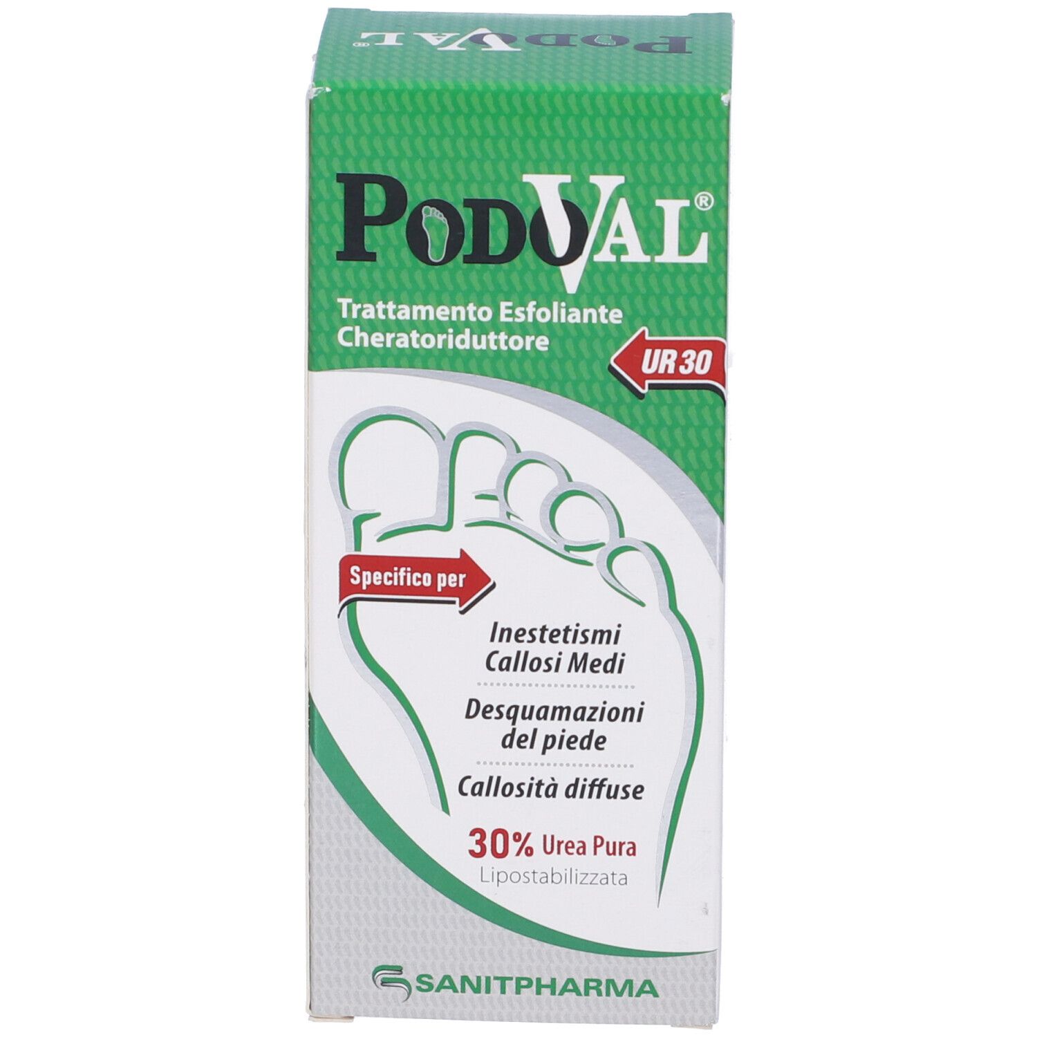 Confezione del prodotto. Scatola con design verde e bianco. Nome del prodotto Podoval. Testo: Trattamento Esfoliante Cheratoriduttore, UR 30. Illustrazione del piede.