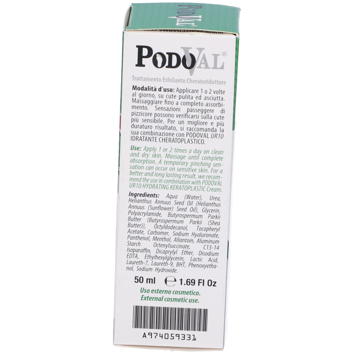 Confezione del prodotto. Retro della scatola. Testo: istruzioni per l'uso, ingredienti, 50 ml, 1,69 fl oz. Informazioni del produttore. Numero di lotto.