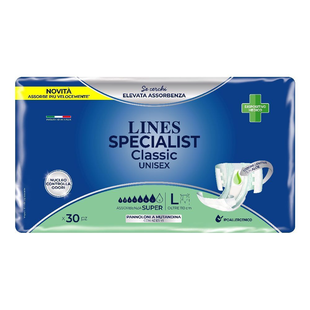 Confezione LINES Specialist Classic Unisex. 30 pezzi. Taglia L. Alta assorbenza. Per donna e uomo.