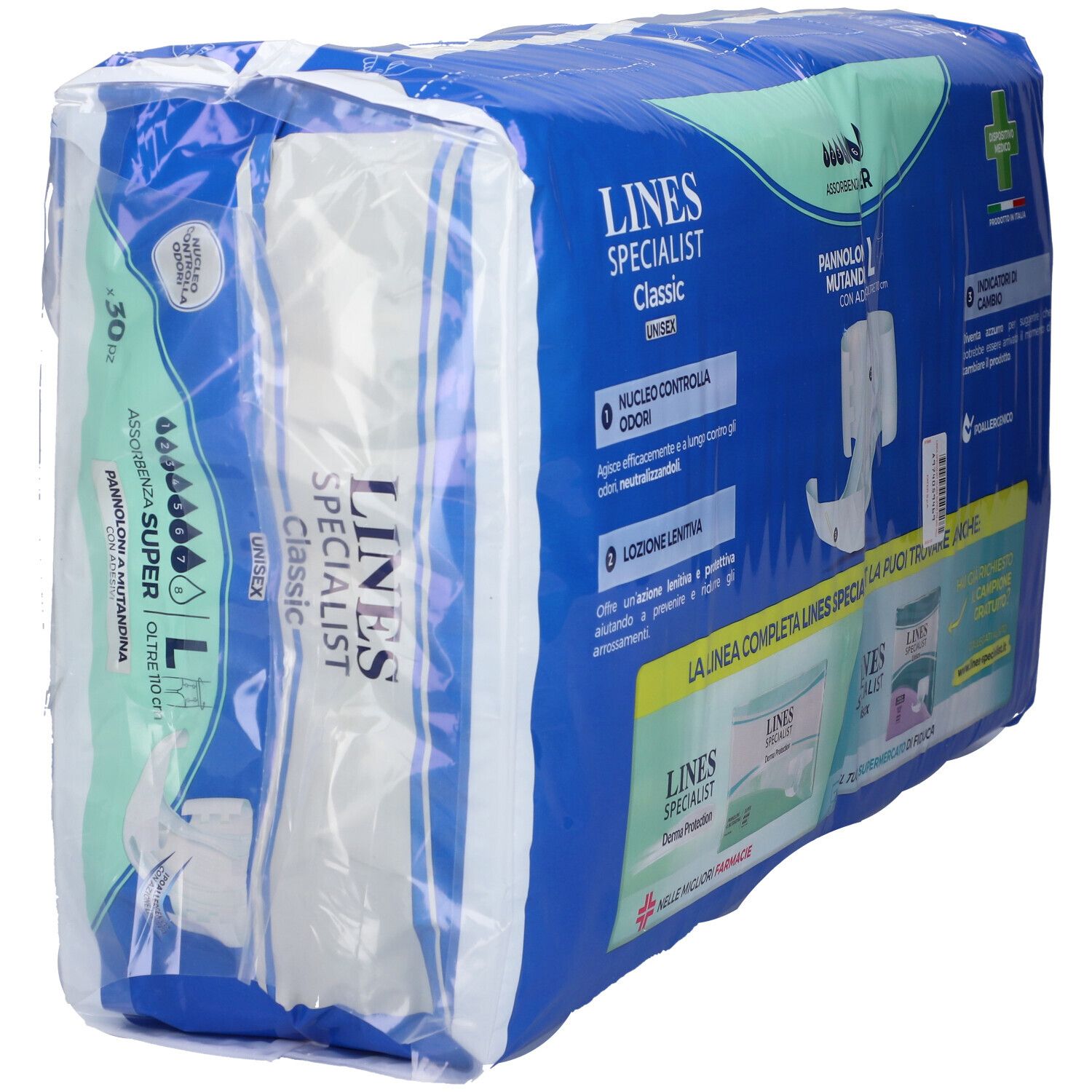 Confezione LINES Specialist Classic Unisex. 30 pezzi. Taglia L. Alta assorbenza. Confezionato.