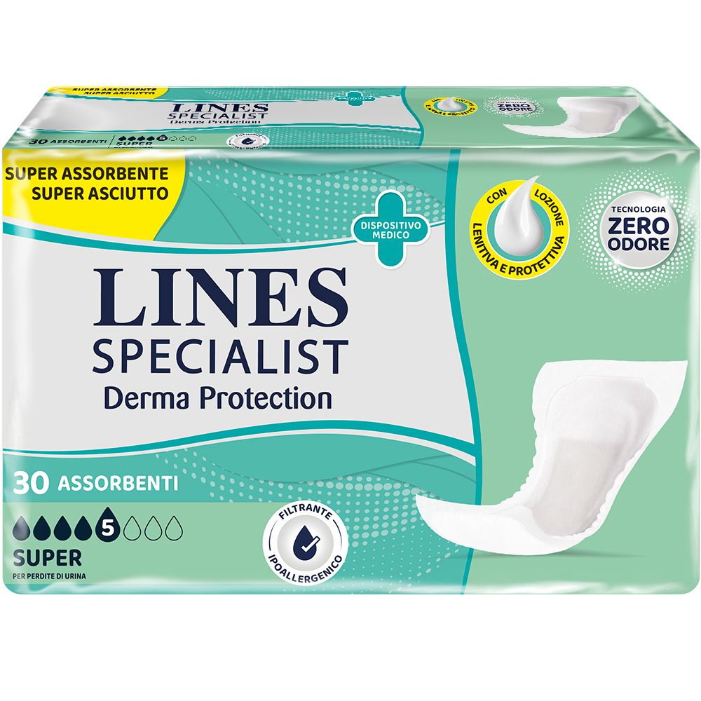 Packung mit 30 saugstarken Inkontinenzeinlagen. Marke: LINES SPECIALIST. Medizinprodukt. Grün-weißes Design.