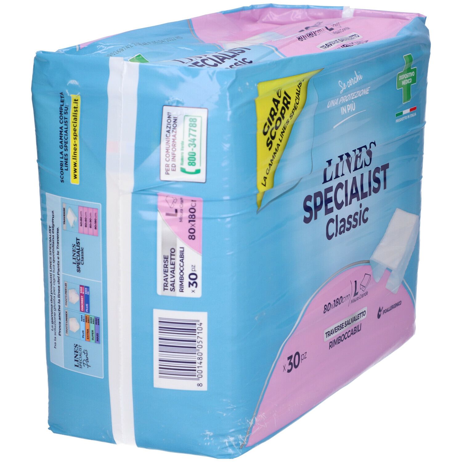 Lato confezione LINES Specialist Classic. Informazioni prodotto, codice a barre e logo 'Dispositivo Medico'.