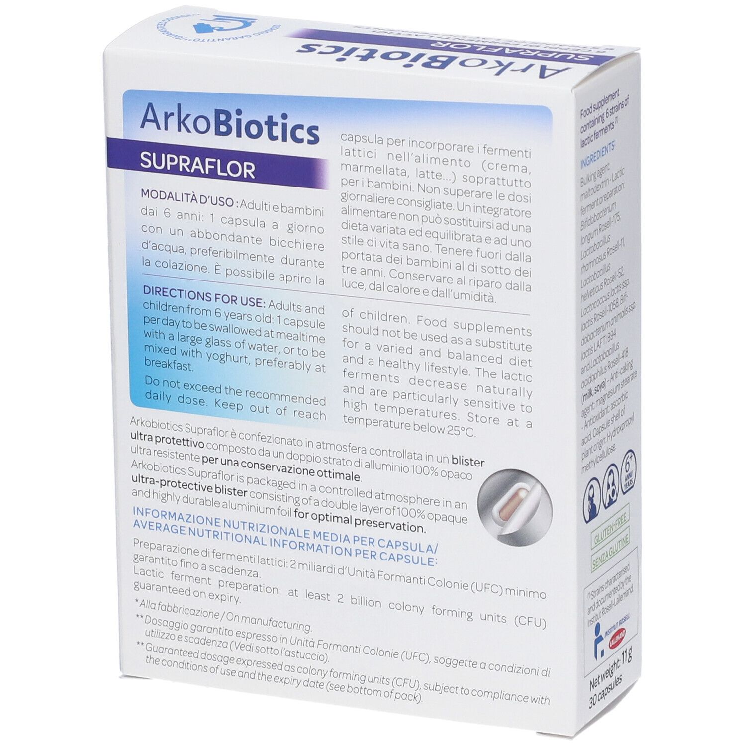 Rückseite der Verpackung Arkopharma ArkoBiotics Supraflor. Gebrauchsanweisung. Nährwertangaben. 30 Kapseln. Blisterpackung.