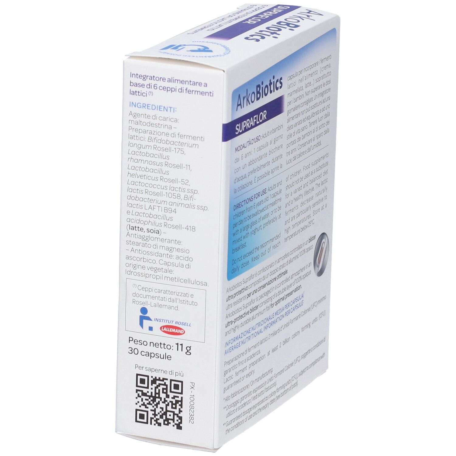 Verpackung Arkopharma ArkoBiotics Supraflor. Zutatenliste. 30 Kapseln. Netto 11g. QR-Code. Schrägansicht.