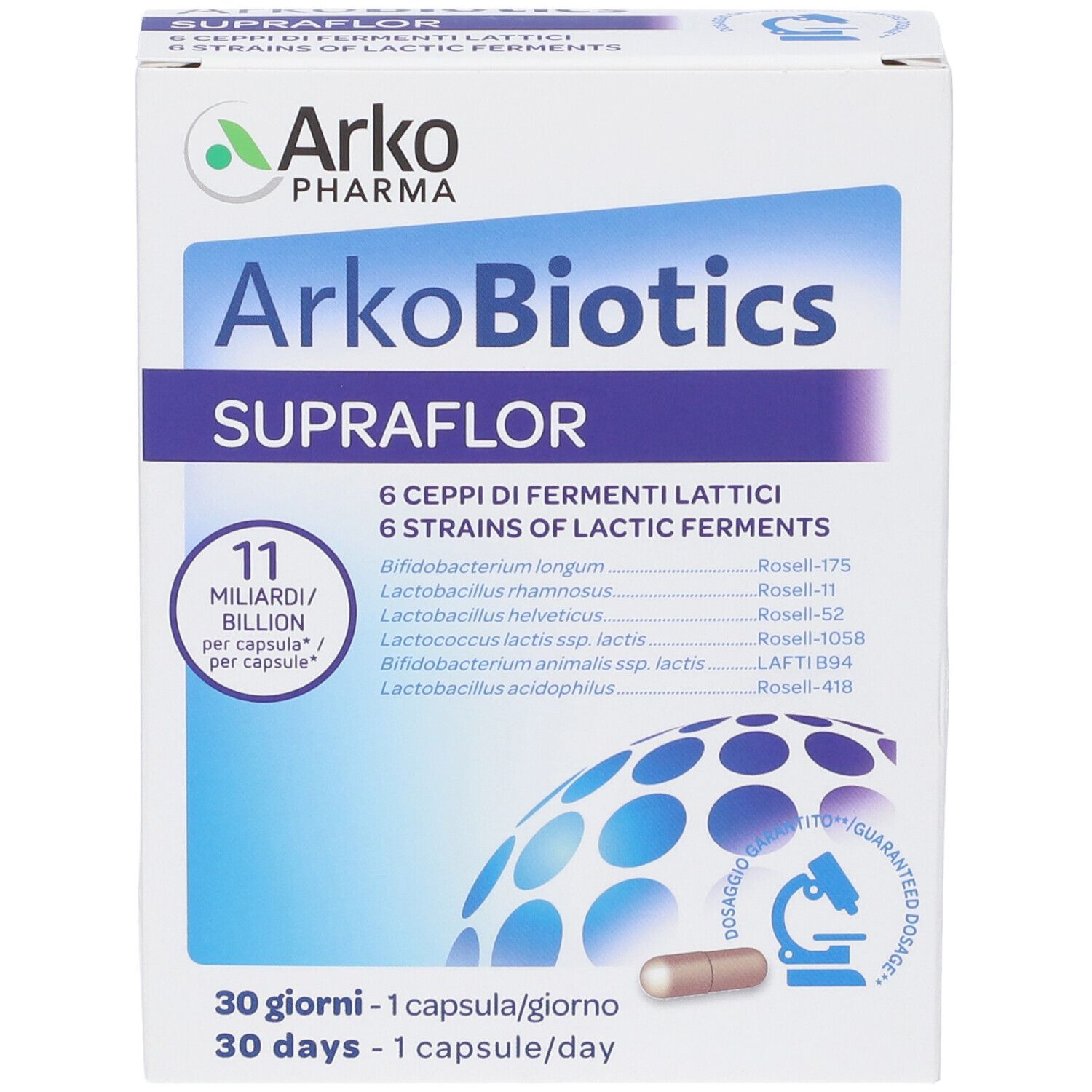 Karton Arkopharma ArkoBiotics Supraflor. 6 Stämme Milchsäurebakterien. 30 Kapseln. Mikroskop-Symbol. 11 Milliarden pro Kapsel.