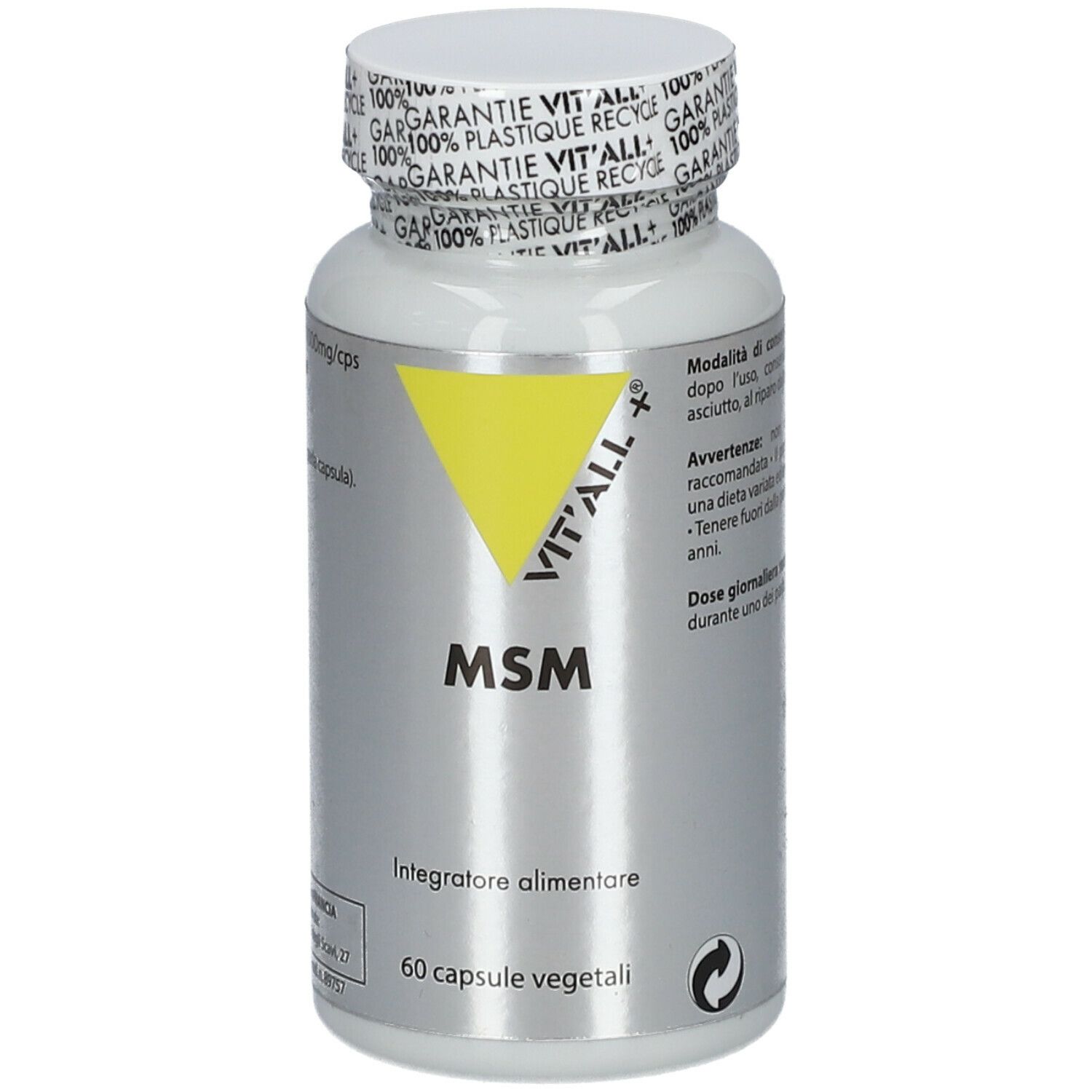 Flacone bianco con triangolo giallo e scritta VIT'ALL+ MSM. 60 capsule. Tappo con scritta.