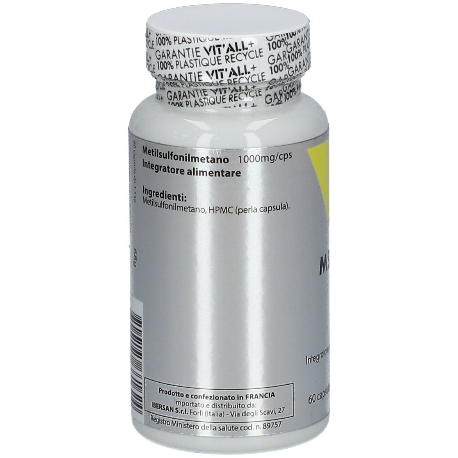 Flacone bianco con informazioni sugli ingredienti. Scritta: Metilsulfonilmetano 1000mg/cps. 60 capsule. Prodotto in Francia.
