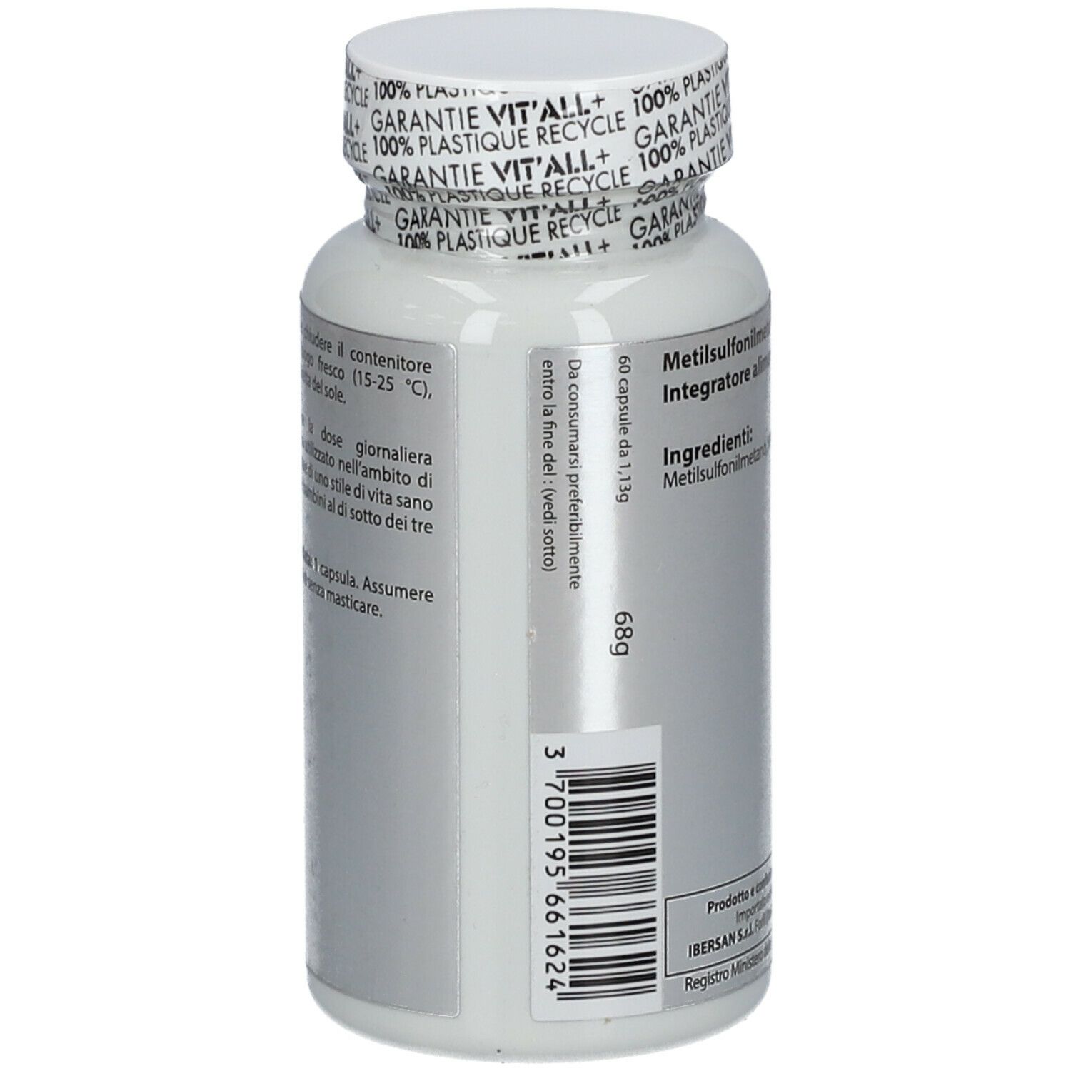 Flacone bianco con codice a barre e informazioni. 60 capsule. Scritta: Metilsulfonilmetano. Peso 68g.
