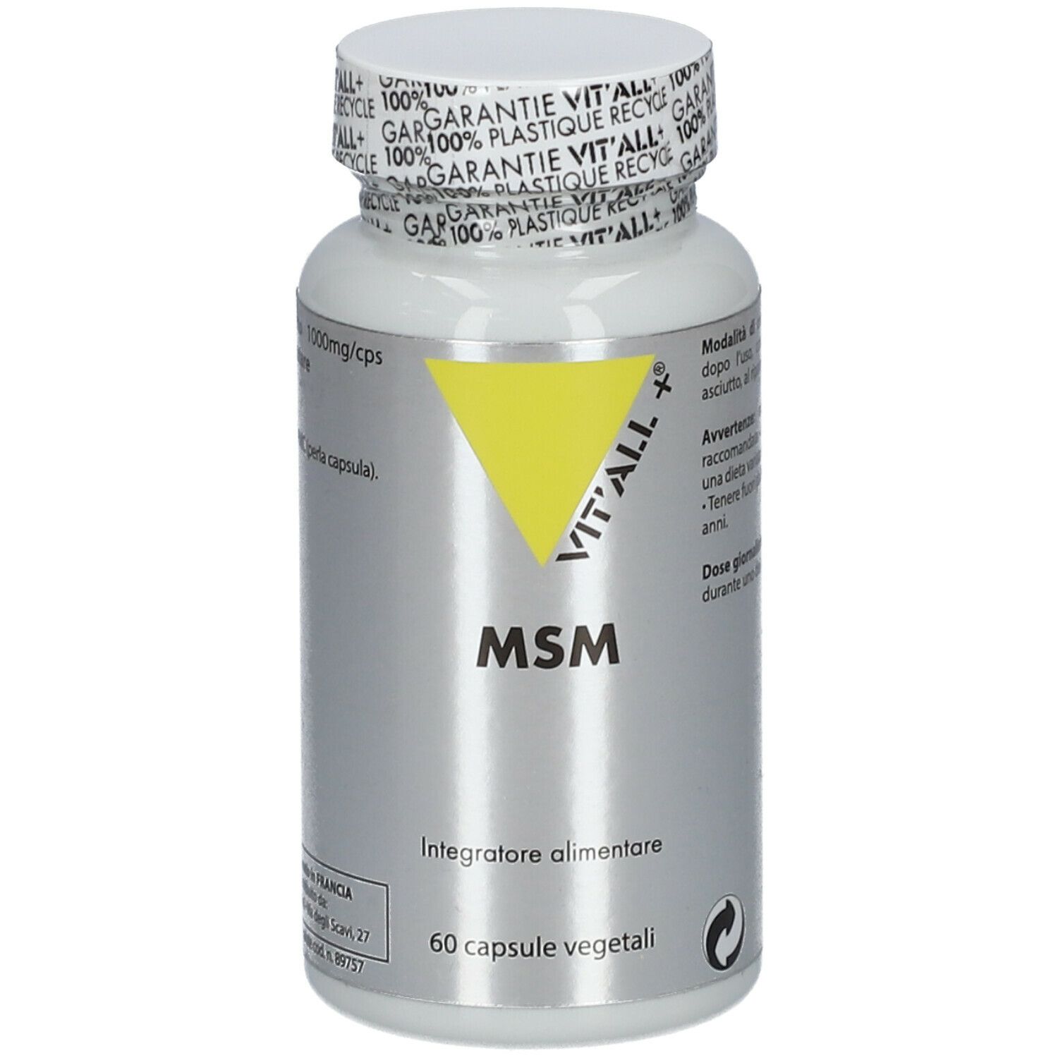 Flacone bianco con triangolo giallo e scritta VIT'ALL+ MSM. 60 capsule. Tappo con scritta.