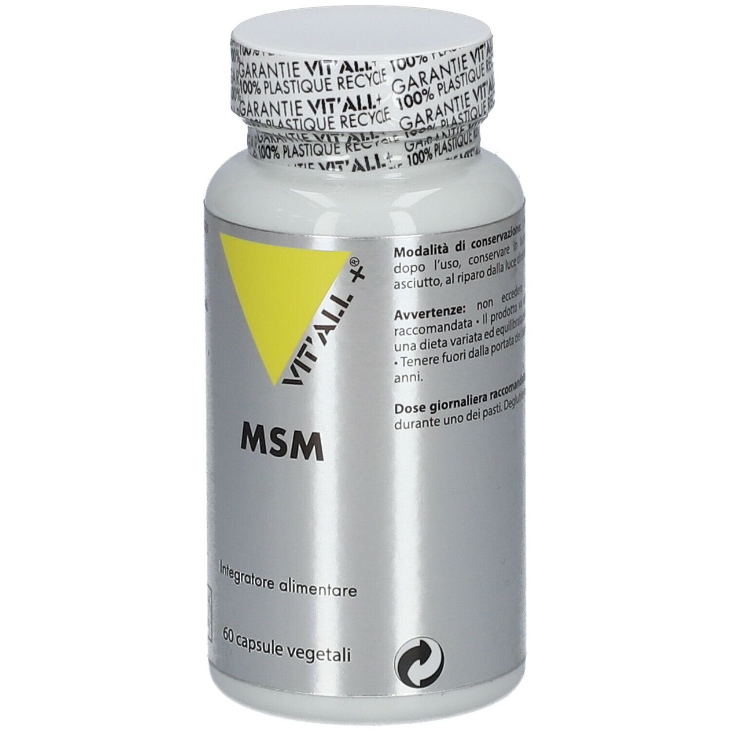 Flacone bianco con triangolo giallo e scritta VIT'ALL+ MSM. 60 capsule. Tappo con scritta.