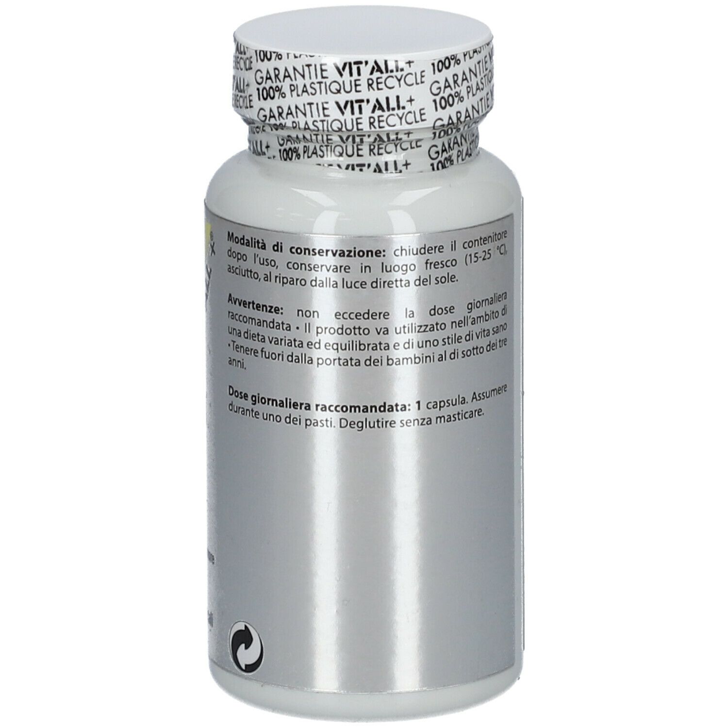 Flacone bianco con informazioni e scritta VIT'ALL+ MSM. 60 capsule. Tappo con scritta.