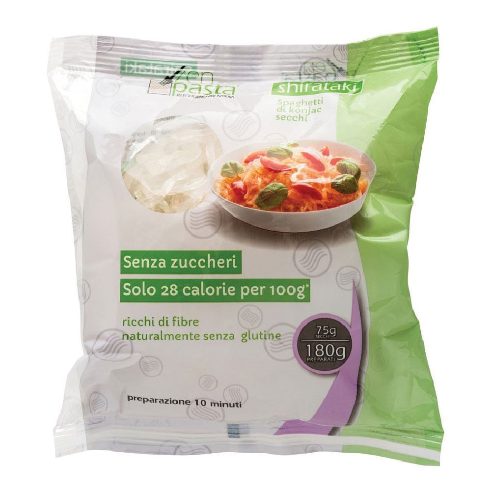 Confezione di Zenpasta Shirataki. Scritte: "Senza zuccheri", "Solo 28 calorie per 100g". Immagine di pasta in una ciotola.