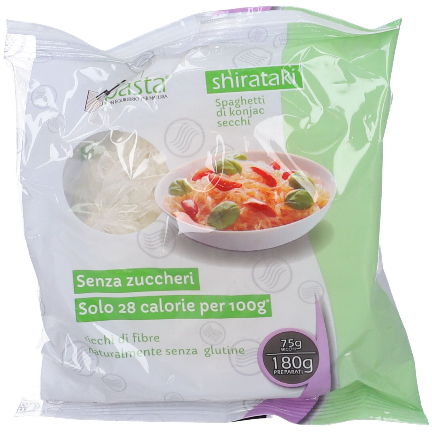 Confezione di Zenpasta Shirataki. Scritte: "Senza zuccheri", "Solo 28 calorie per 100g". Immagine di pasta in una ciotola.