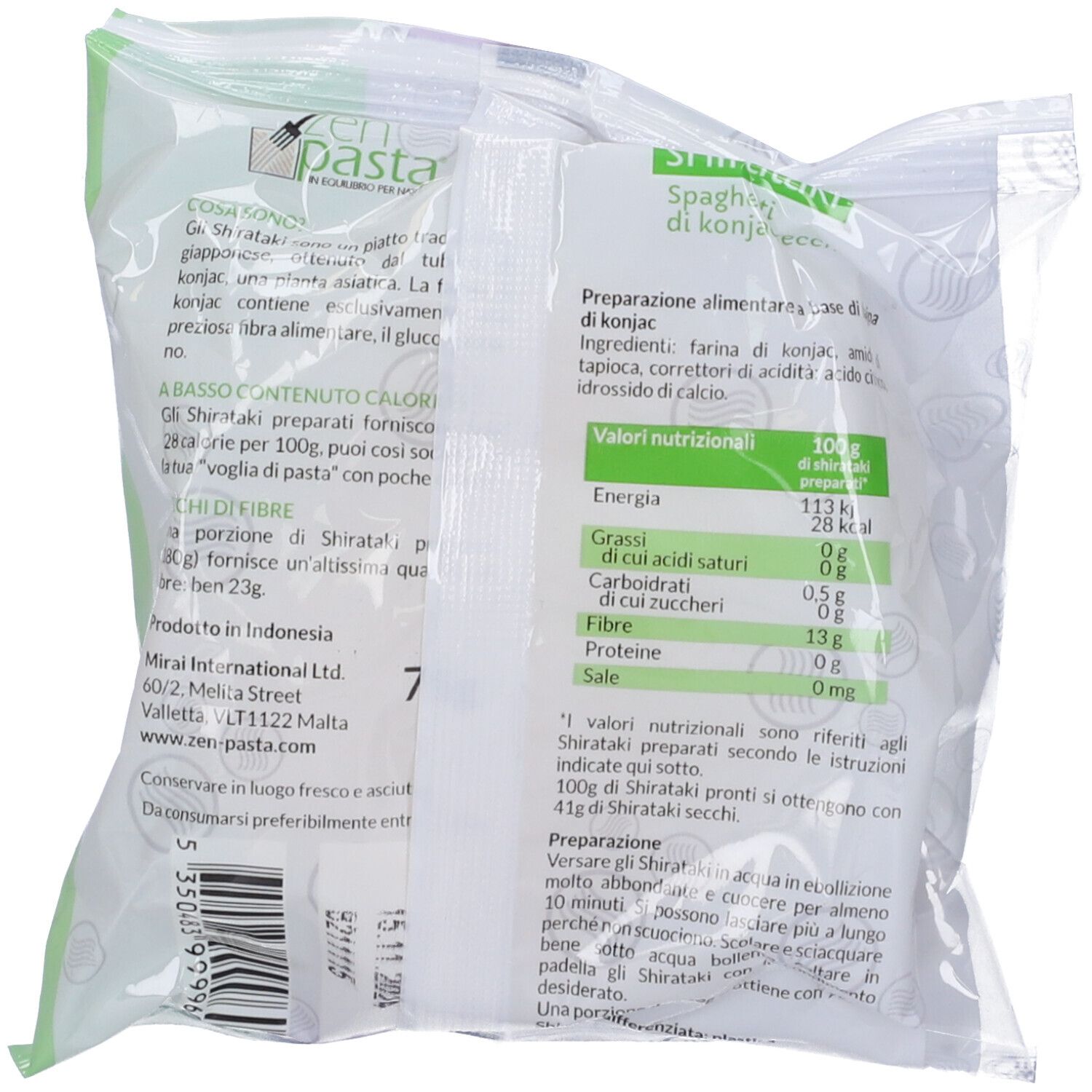 Retro della confezione Zenpasta Shirataki. Testo: ingredienti, informazioni nutrizionali, istruzioni per la preparazione. Marchio Zen-pasta.