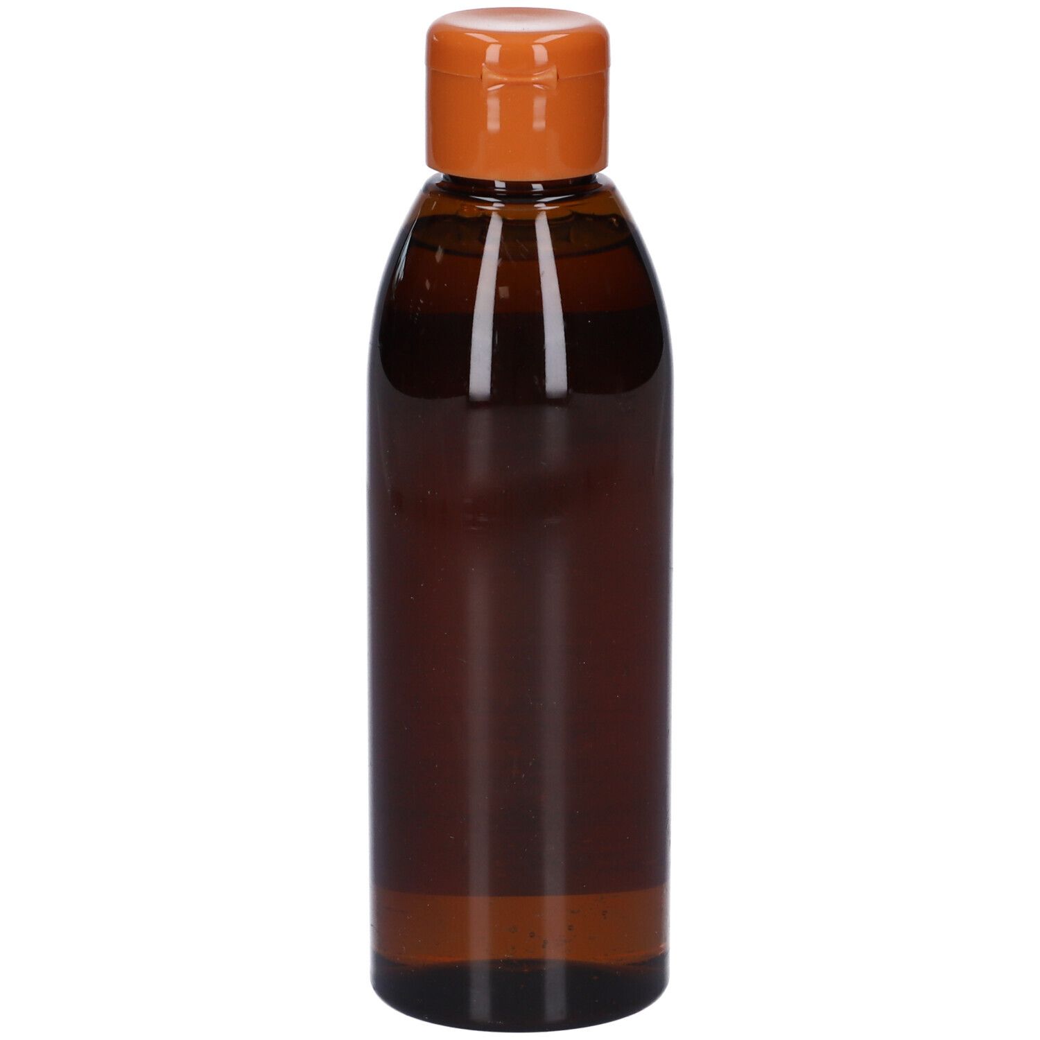 Braune Kunststoffflasche mit orangefarbenem Klappdeckel, gefüllt mit bernsteinfarbener Flüssigkeit.