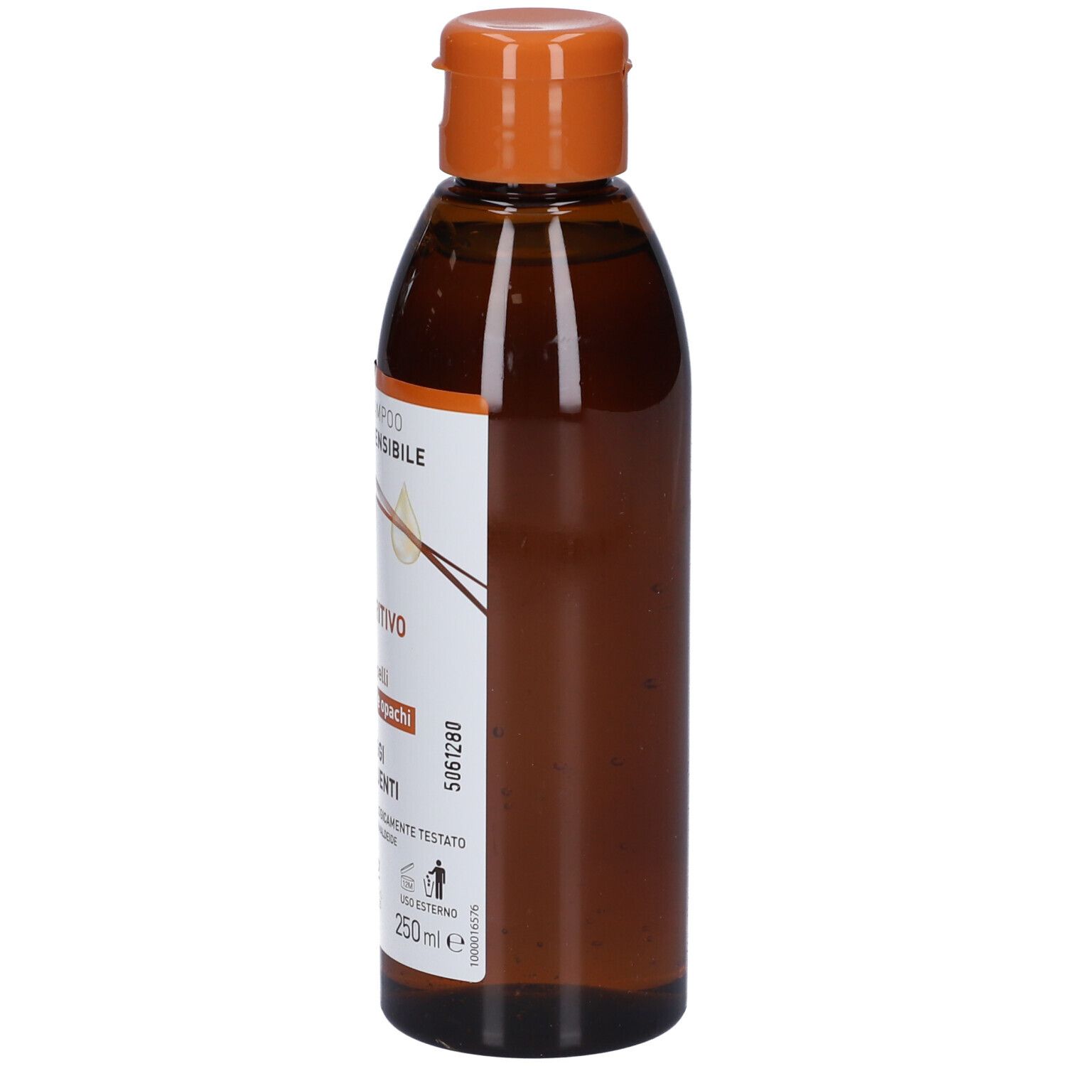 Braune Flasche mit orangefarbenem Klappdeckel, Etikett mit Text und 250 ml Angabe.