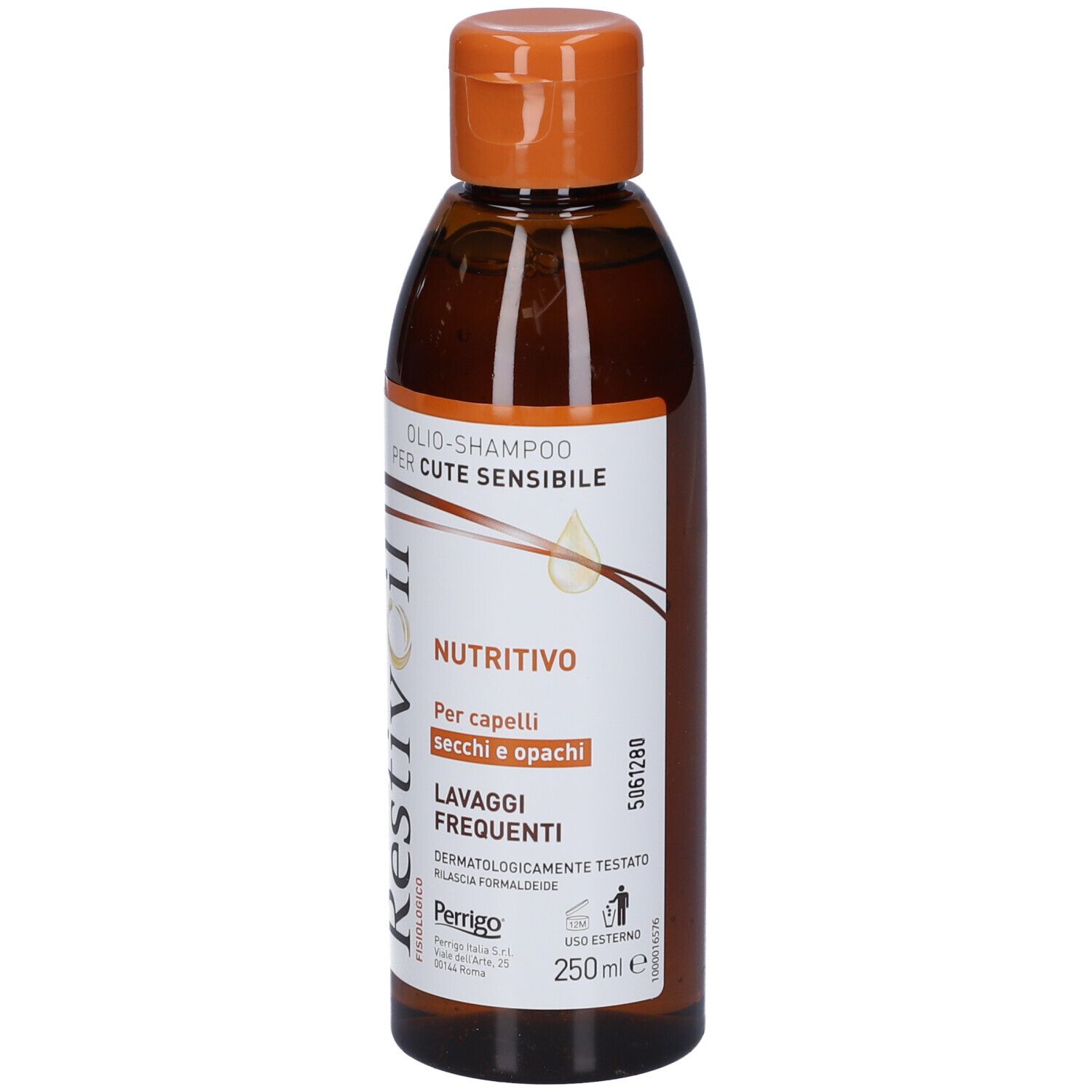 Braune Shampoo-Flasche mit orangefarbenem Klappverschluss. Etikett mit italienischer Schrift und 250 ml Angabe.