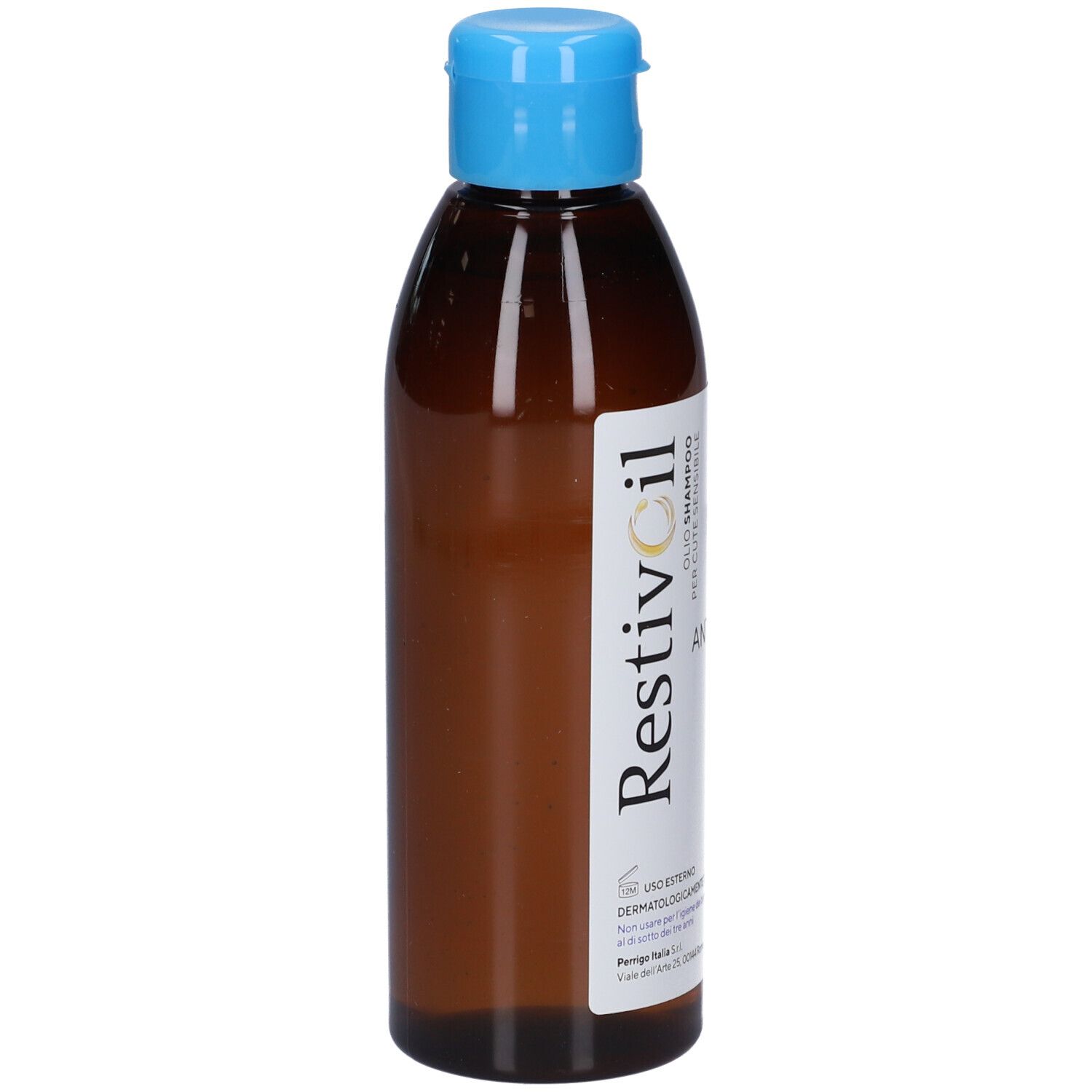 Braune Flasche mit blauem Klappdeckel, beschriftet mit 'RestivOil Shampoo'.