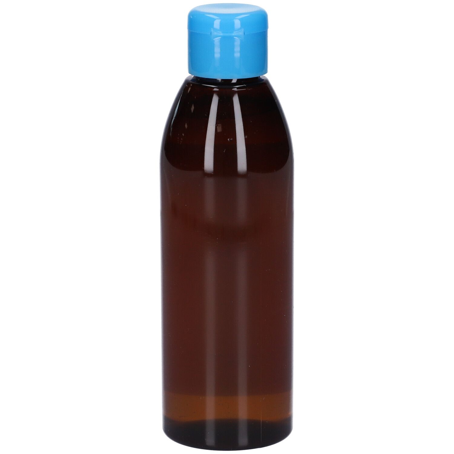 Braune Kunststoffflasche mit blauem Klappdeckel.