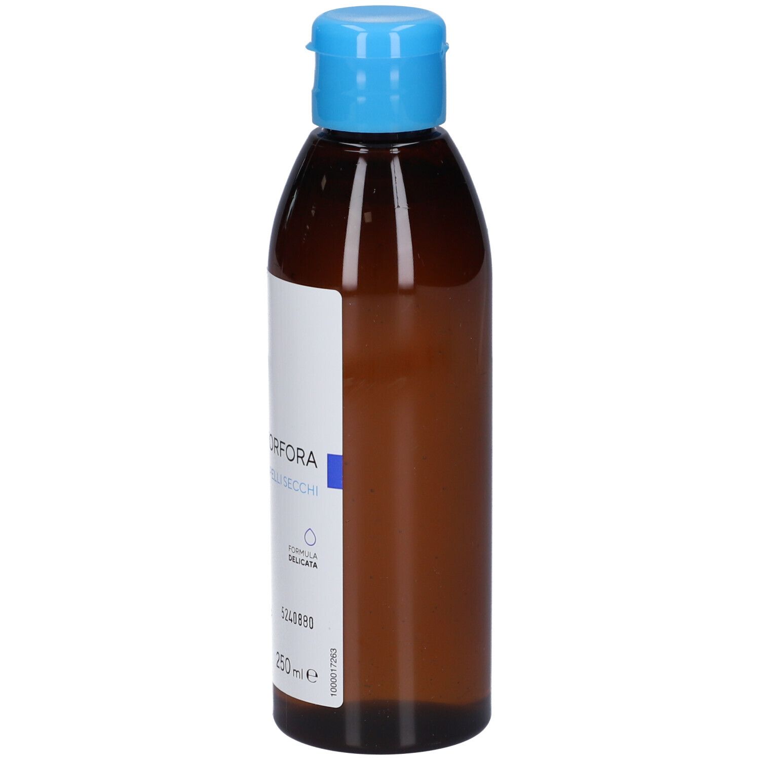 Braune Flasche mit blauem Klappdeckel, Etikett mit Text 'FORA' und '250 ml'.