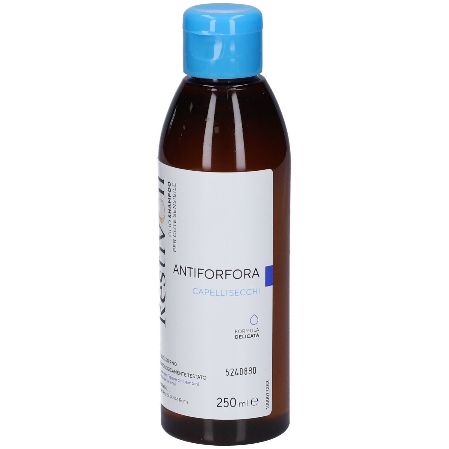 Braune Flasche mit blauem Klappdeckel, 250 ml. Etikett mit 'ANTIFORFORA CAPELLI SECCHI' und 'FORMULA DELICATA'.