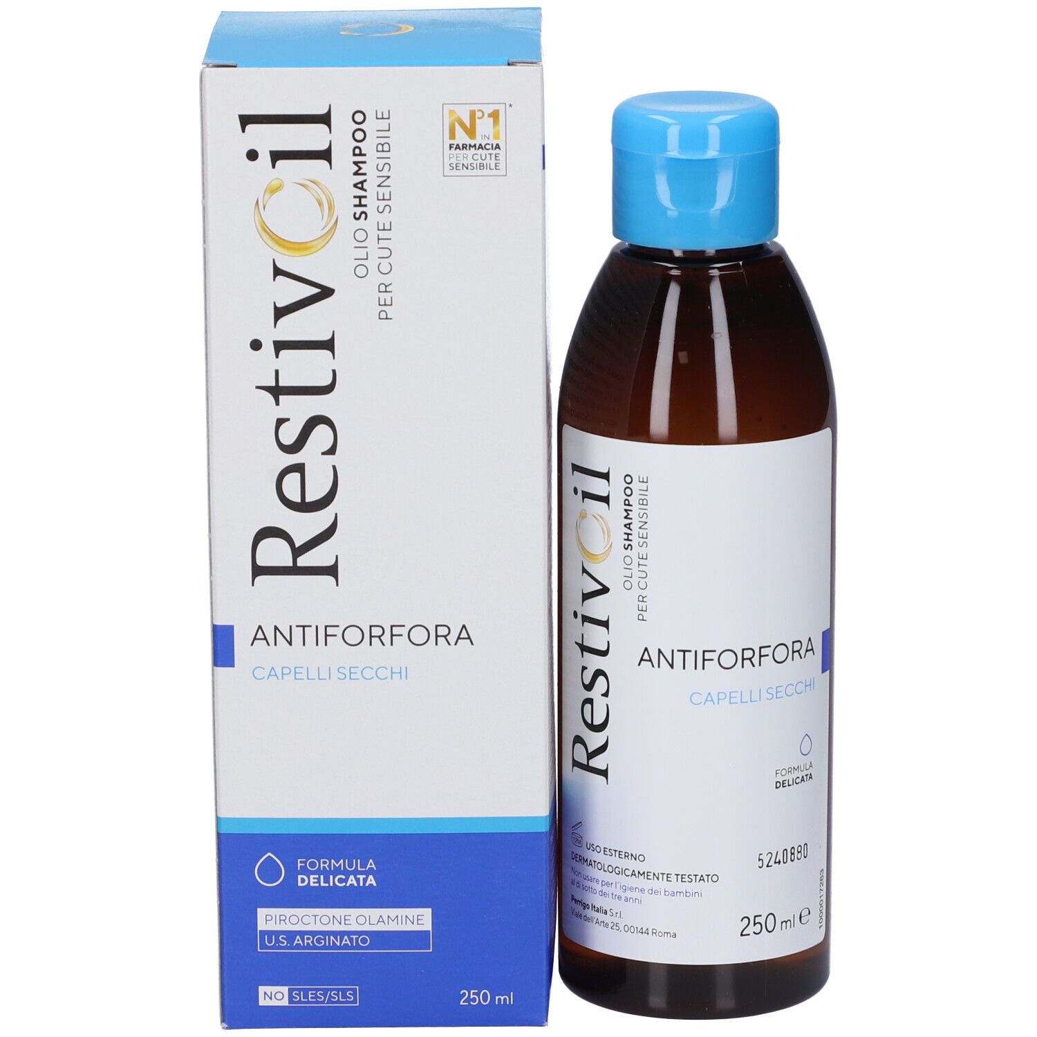 RestivOil Anti-Schuppen-Öl-Shampoo für trockenes Haar, 250 ml Flasche und Karton.