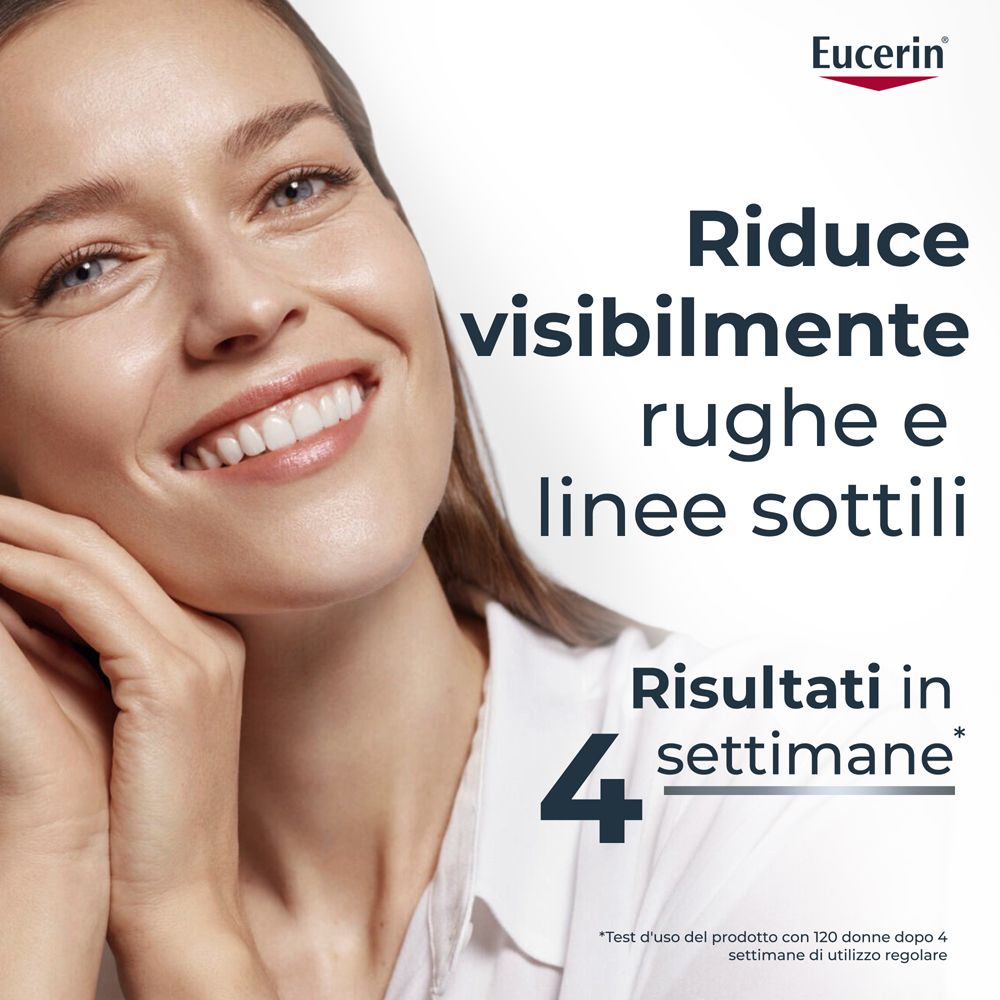 Donna con viso. Testo: Riduce visibilmente rughe e linee sottili. Risultati in 4 settimane. Logo Eucerin.